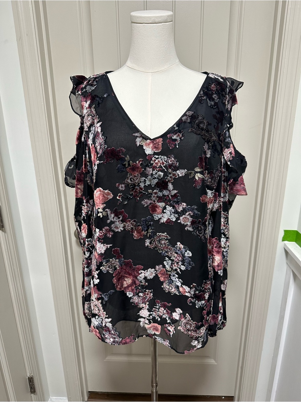 White House Black Market Black Floral Cold-Shoulder V-Neck Blouse